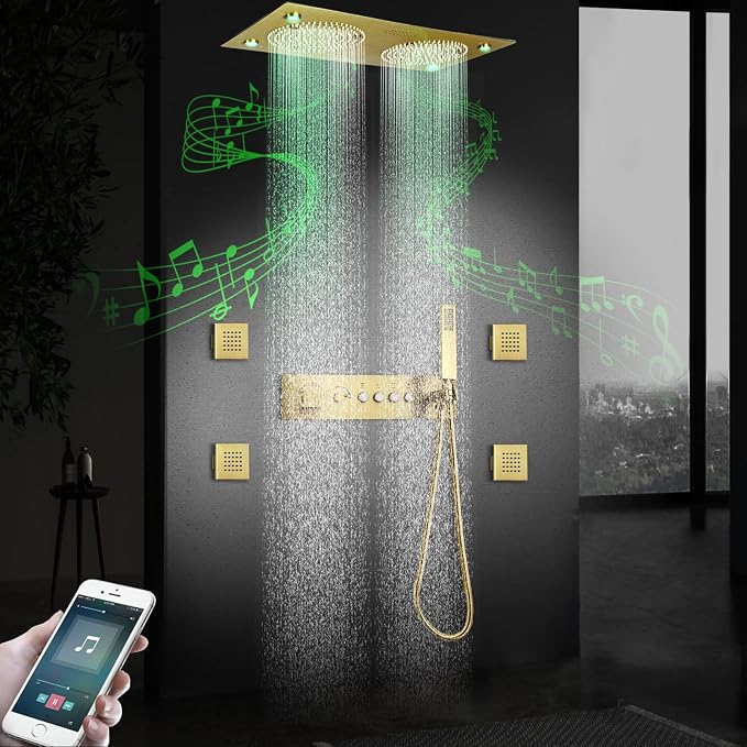 Brushed Gold Thermostatic Rain LED Shower System - Image 7