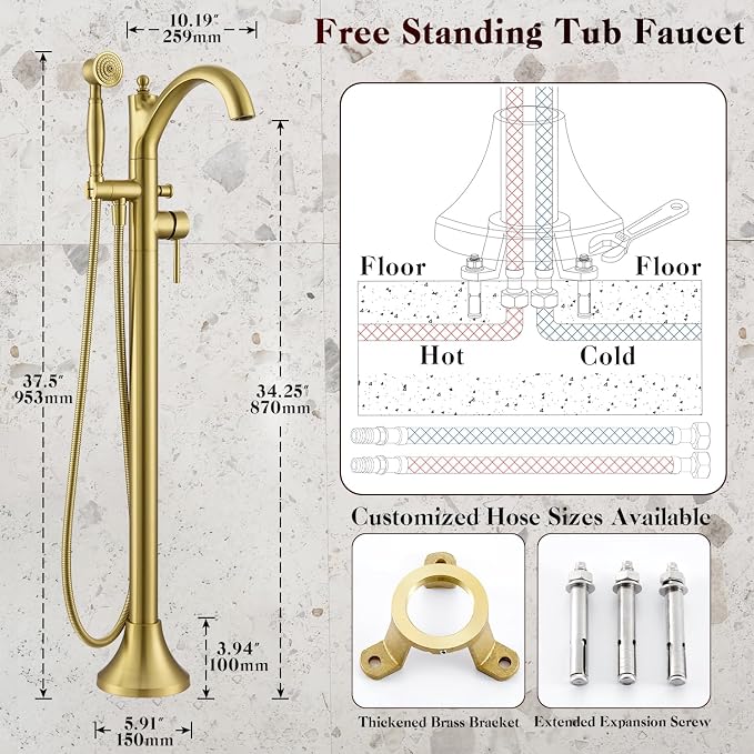Free Standing Tub Faucet, High Flow Rate Brushed Light Gold Classic - Image 6