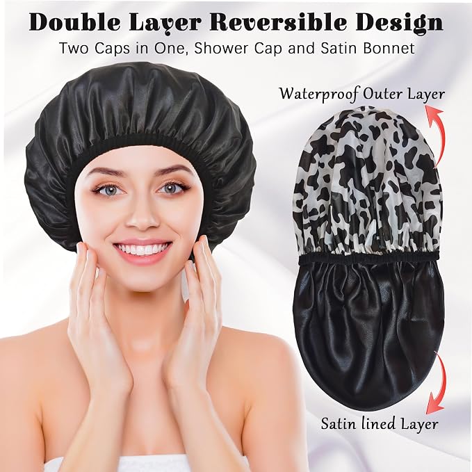 Shower Cap for Women, Shower Caps Reusable Waterproof, Large Plastic Satin - Image 3