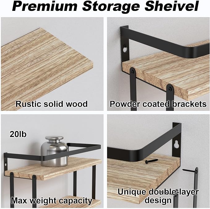 RICHER HOUSE 2+1 Tier Wall Mounted Floating Shelves Set of 2, Rustic Wood Wall - Image 3