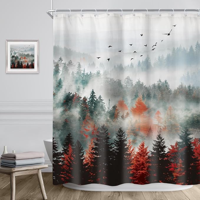 Riyidecor Red Green Mountain Shower Curtain 60Wx72H Inch Black Nature Woodland - Image 3