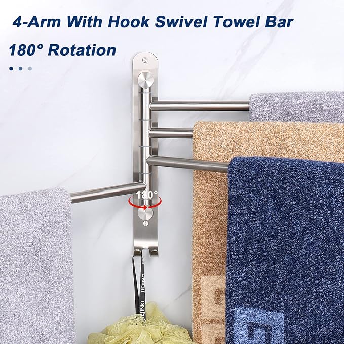 NearMoon Swivel Towel Rack, 13.8" Thicken 304 Stainless Steel 4-Arm Towel Bar - Image 3