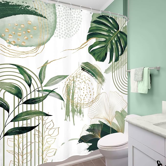 Sage Green Boho Shower Curtain Extra Long Modern Abstract Tropical Leaves - Image 4