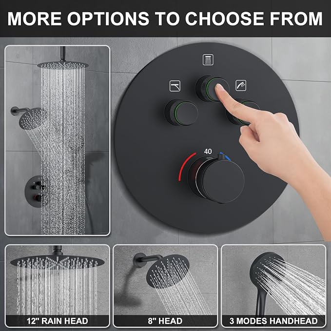 KOJOX Matte Black Thermostatic Shower System, Push Button Diverter Shower - Image 3