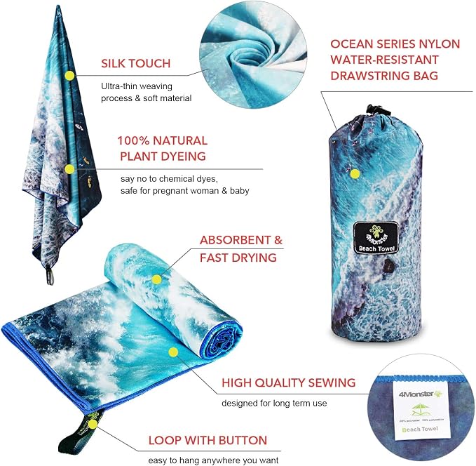 4Monster Microfiber Beach Towel Quick Dry, Super Absorbent Lightweight Travel - Image 3