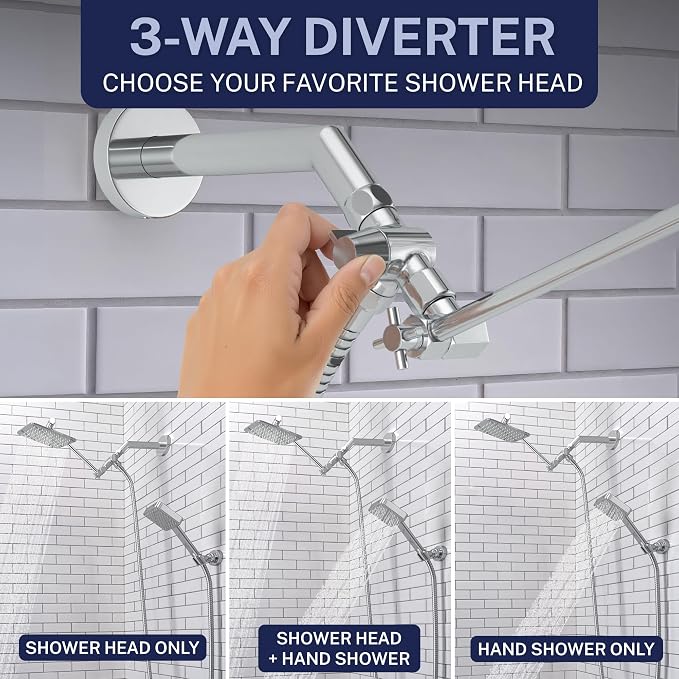 HammerHead® Solid Metal Dual Shower Head Combo — 8" Square Rain Shower Head - Image 3