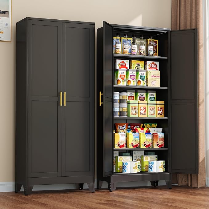 Metal Pantry Cabinet with 2 Doors and Adjustable Shelves by winiowa