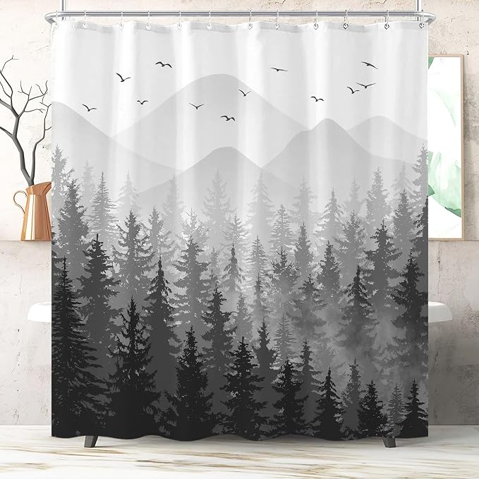 Aipon Black Misty Forest Shower Curtain Gray Ombre Nature Tree Plants Shower - Image 4