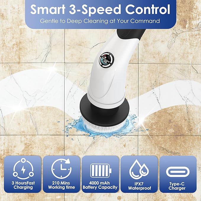Cordless Electric Spin Scrubber, IPX7 Waterproof Rechargeable Power Cleaning - Image 3