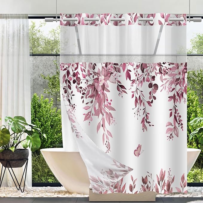No Hook Shower Curtain and Liner Set, Dark Red Eucalyptus Floral Shower Curtains by TWLSNCD