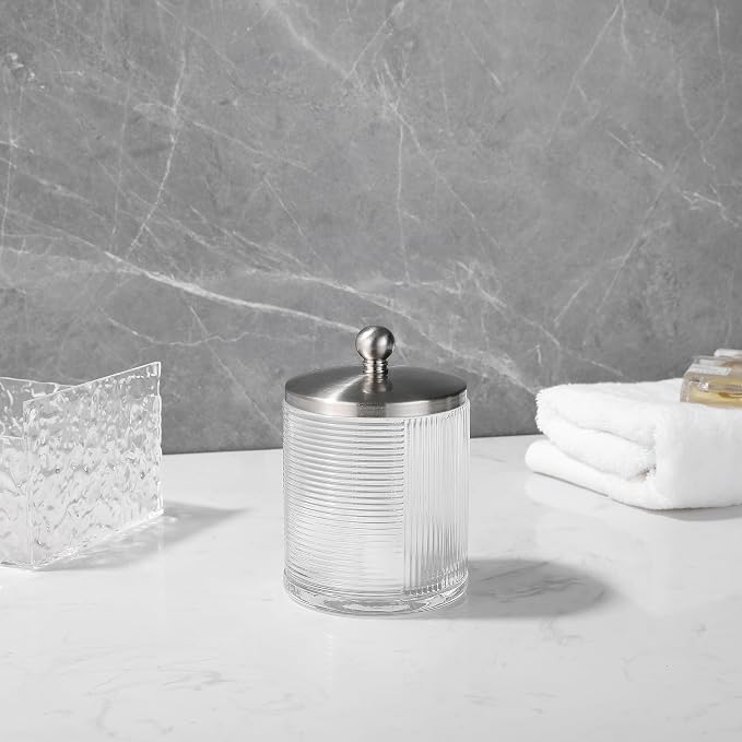 Clear Transparent Apothecary Ribbed Geometric Etched Glass Jar W/Satin Nickel - Image 8