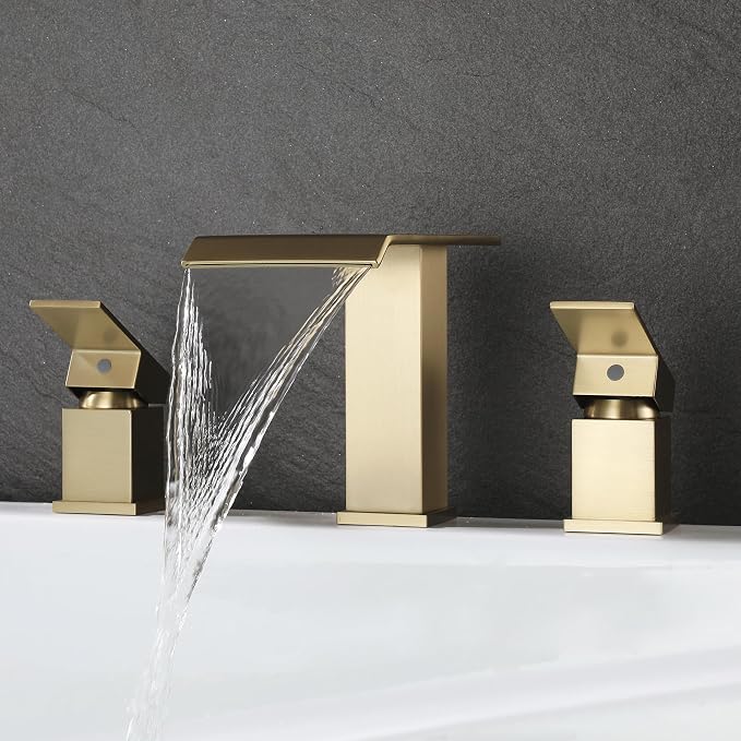 Roman Tub Faucet Two Handle Waterfall Spout Brushed Gold 3 Hole Bathtub Faucet - Image 8