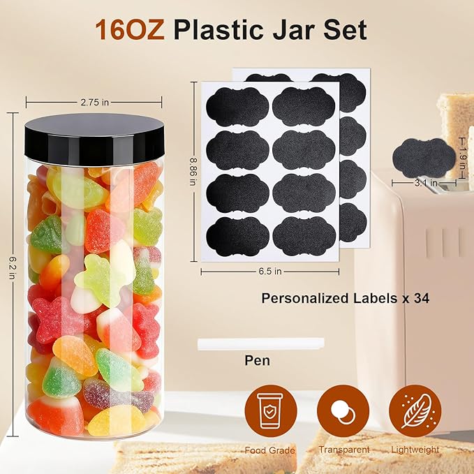 Plastic Jars with Lids, OBKJJ 34 PCS 16 OZ Large Capacity Clear Storage - Image 2