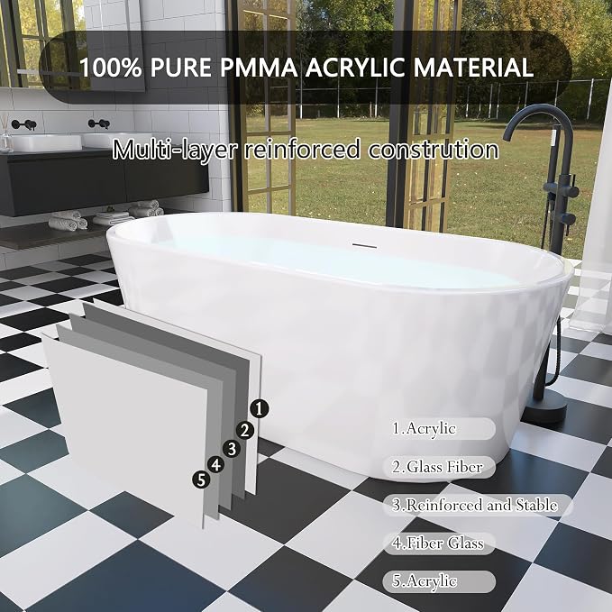 67" Free Standing Tub, Pure Acrylic Freestanding Bathtub, Stylish Stand Alone - Image 6