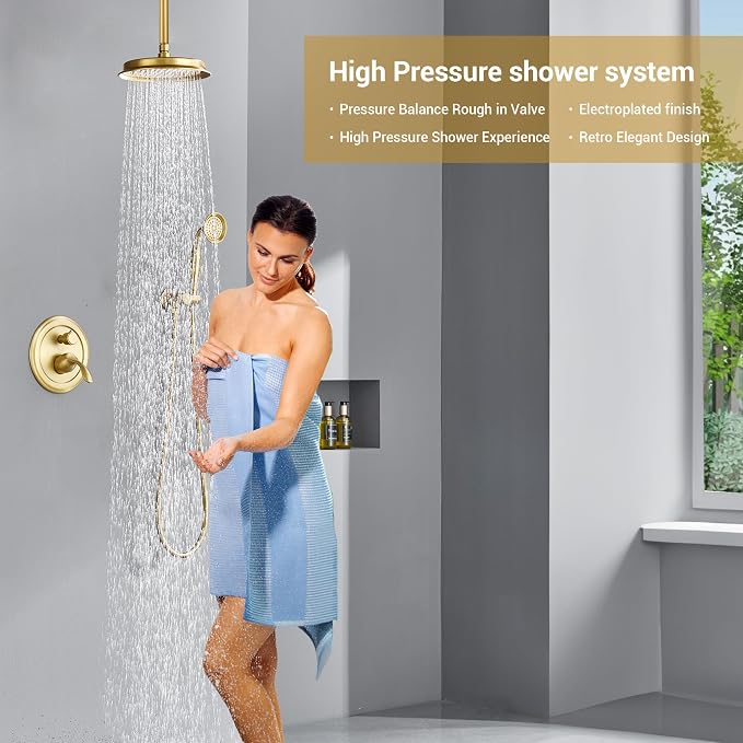 DASAN Brushed Gold Rain Shower System Complete Antique Shower Faucet Sets - Image 2