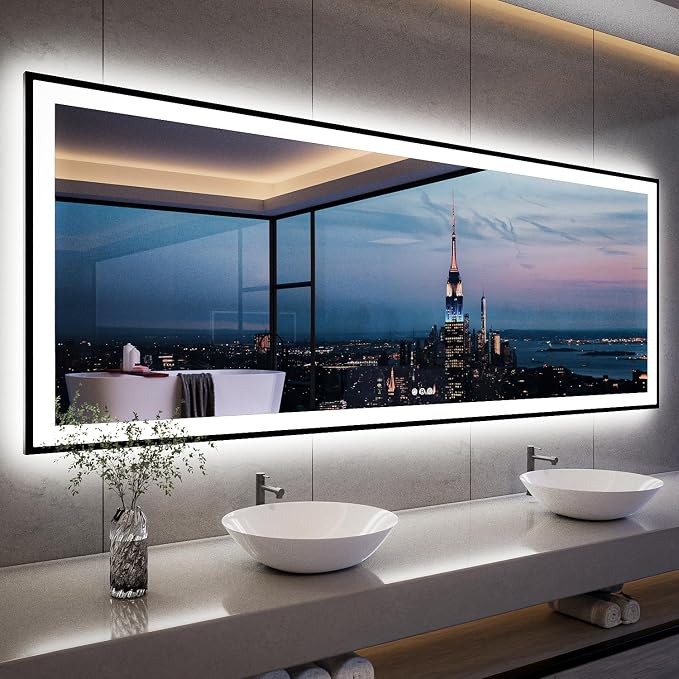 ISKM Framed LED Mirror for Bathroom 96"x36", Dimmable LED Bathroom Mirror by ISKM-IStillKeepMovin
