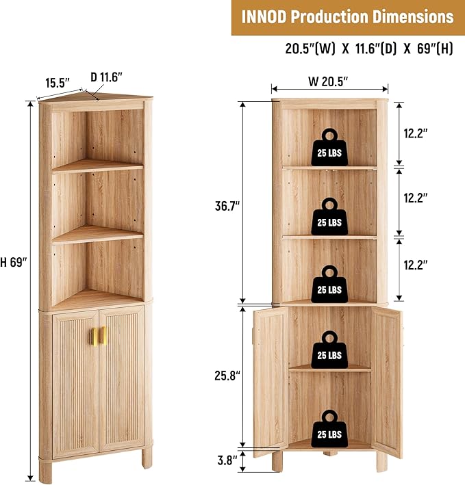 69" Tall Corner Shelf with Doors, 6-Tier Corner Storage Cabinet with Doors - Image 2