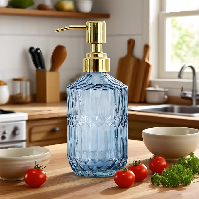 18oz Blue Glass Soap Dispenser, Refillable Kitchen, Bathroom Thick Glass Soap - Image 2