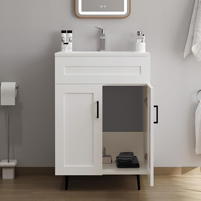24" Bathroom Vanity with Sink, Freestanding Wooden Bathroom Vanity with 2 Doors - Image 4