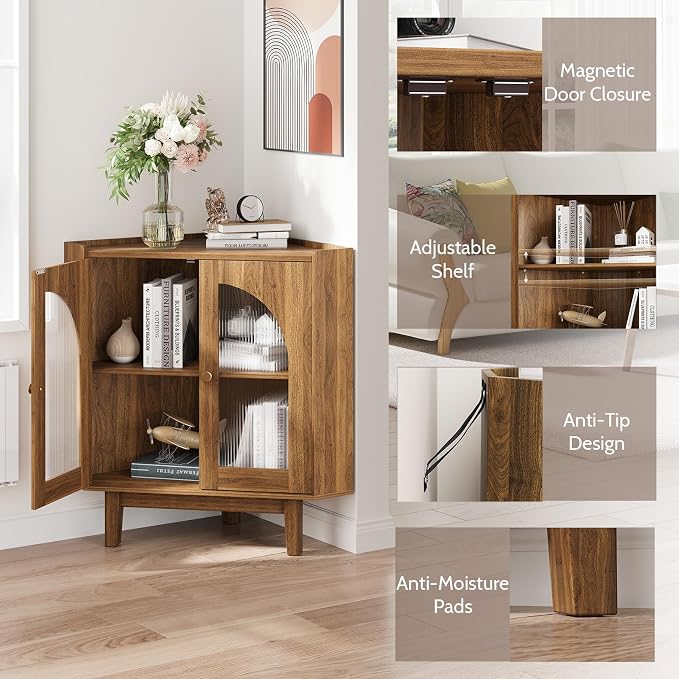 Floor Corner Cabinet with Doors and Shelves, Fluted Storage Cabinet - Image 5
