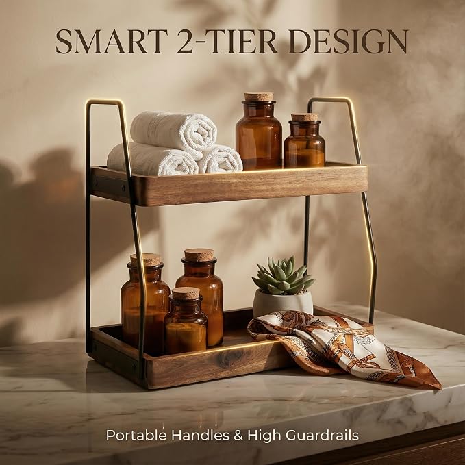Demigo Acacia Bathroom Organizer Countertop 13.6 x 14 x 6.7 inches, 2-Tier Wood - Image 5
