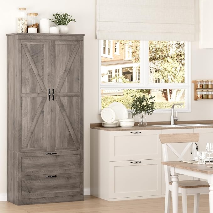 HOSTACK 70" Tall Kitchen Pantry Storage, Barn Doors Pantry Cabinet - Image 2