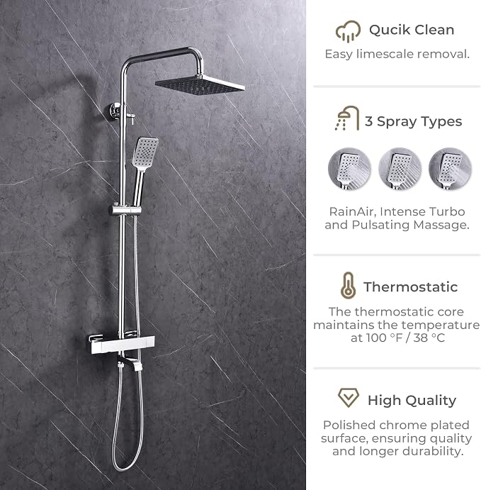 Shower Faucet Set 8" Square Shower Head 3 Function Thermostatic Rainfall Shower - Image 3