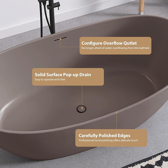 SJ STAR&JANE 65" Solid Surface Freestanding Bathtub Stone Resin Soaking Tub - Image 3