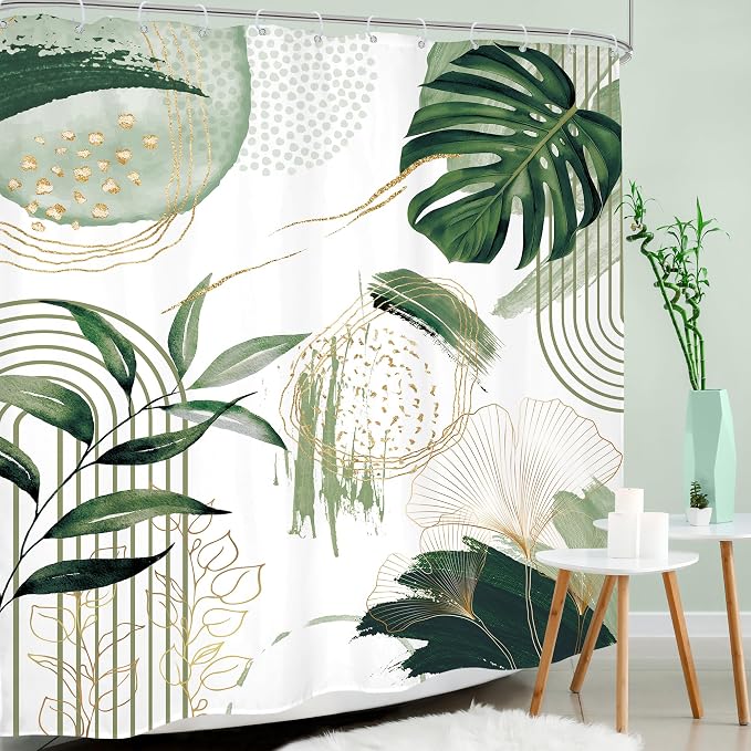 Sage Green Boho Shower Curtain Extra Long Modern Abstract Tropical Leaves - Image 3
