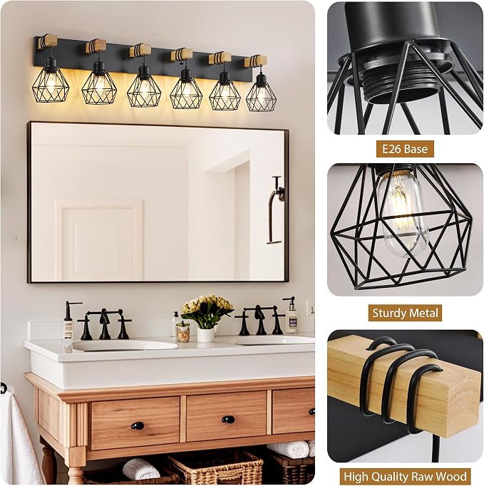 Farmhouse Vanity Light for Bathroom, 6-Light Wood Bathroom Vanity Light - Image 3