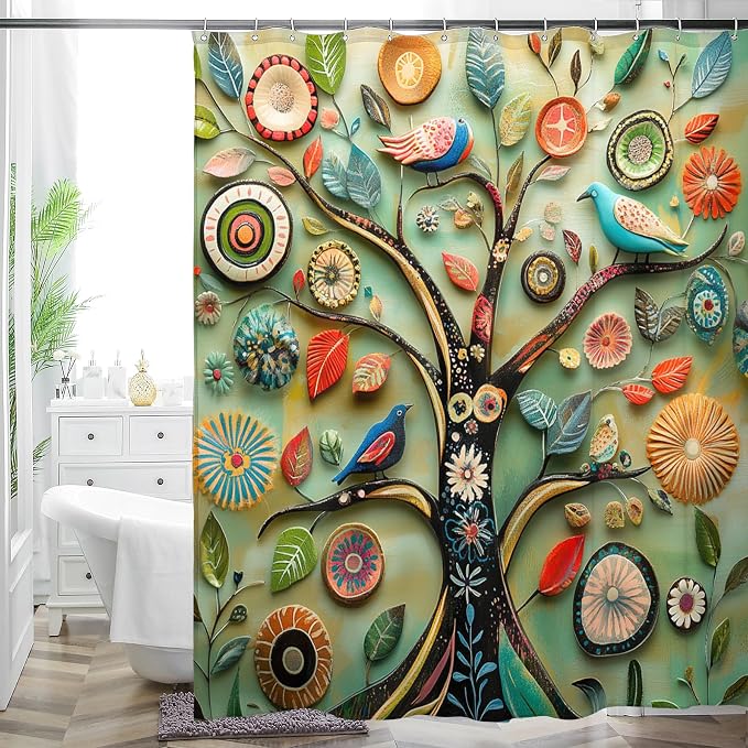 Bohemian Shower Curtain, Boho Floral Print Water Repellent Polyester Fabric by WCWahChunshowercurtains