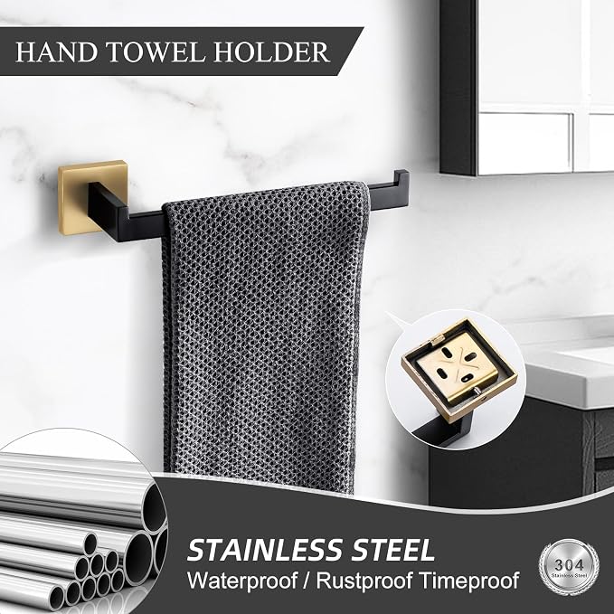TURS 5-Piece Bathroom Hardware Set Black and Gold Towel Bar Sets Include 24 - Image 4
