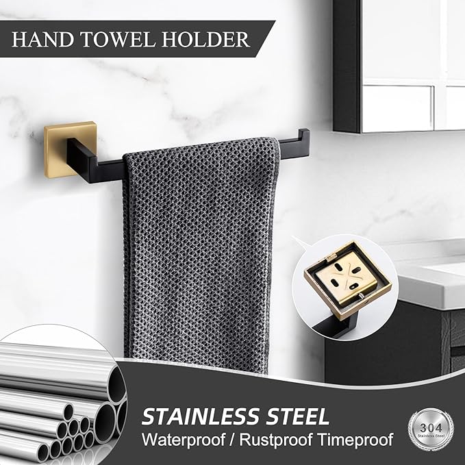 TURS 4-Piece Bathroom Hardware Set Black and Brushed Gold Towel Bar Holder Set - Image 3