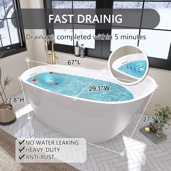 67" Free Standing Tub, Pure Acrylic Freestanding Bathtub, Stylish Stand Alone - Image 6