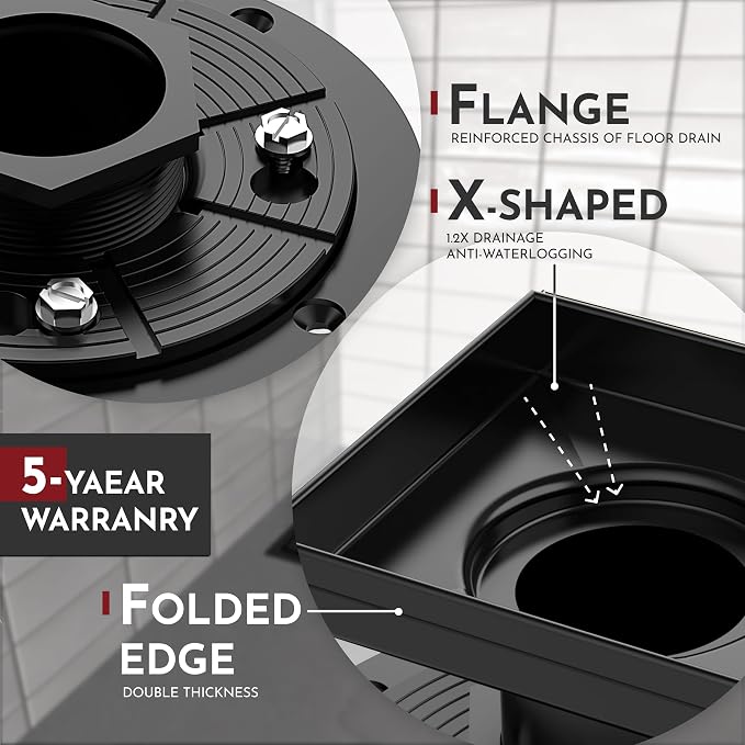 WEBANG 4 Inch Square Shower Drain Black Floor Drain - Image 3