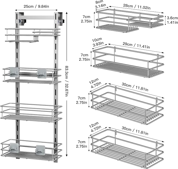 Orimade Shower Caddy Adjustable Height 4 Tier Silver, Bathroom Hanging Over the - Image 6