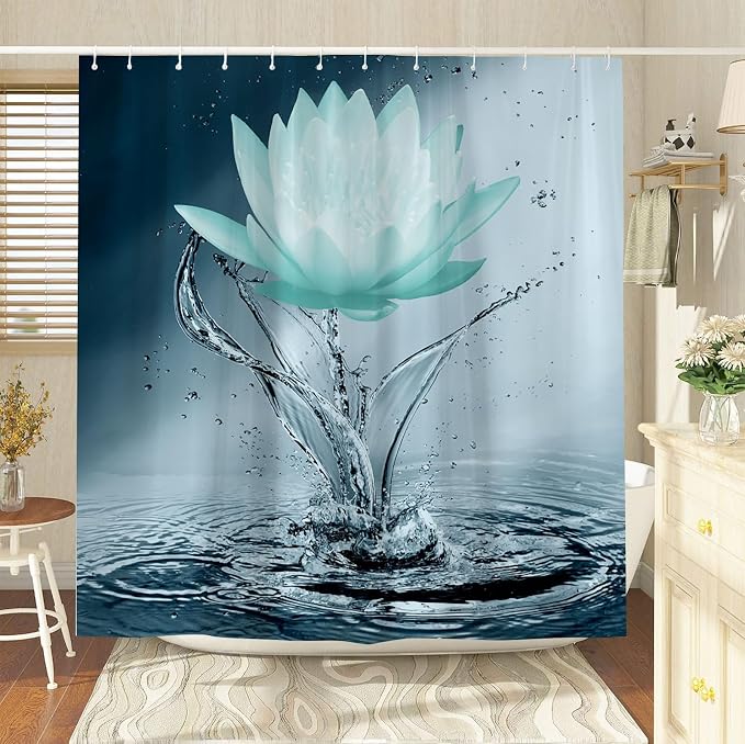 Lotus Shower Curtain Black White Teal Flower Elegant Blooming Floral - Image 3