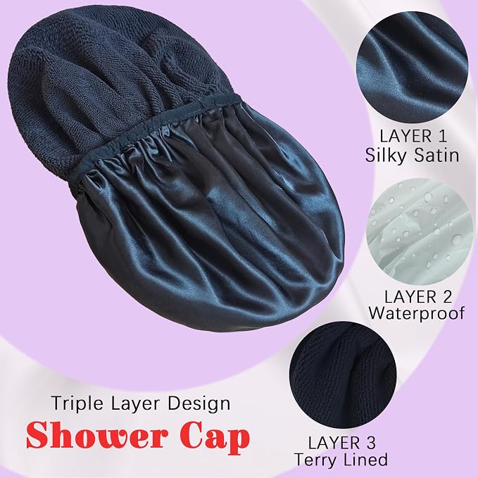 Shower Cap Reusable Waterproof, Terry Lined Shower Caps - Image 2