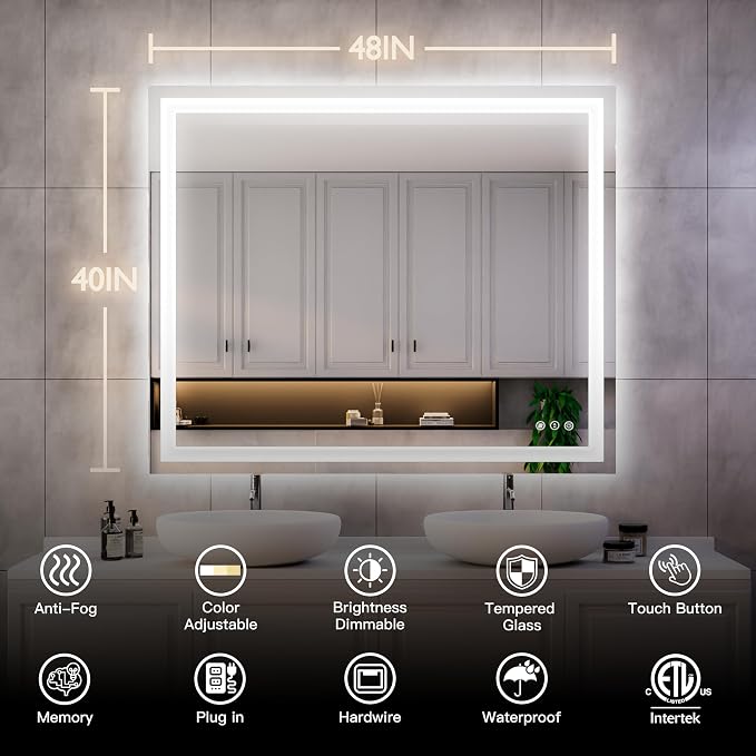 ISKM 48'' x 40'' LED Mirror for Bathroom Lighted Vanity Mirror for Wall Front - Image 7