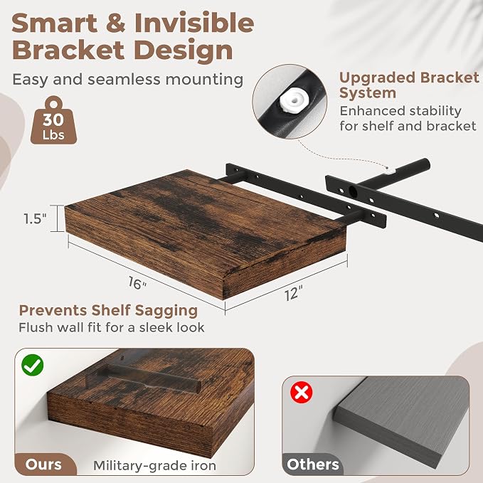16 Inch Floating Shelves for Wall 2 Pack, Easy Install Engineered Wood Storage - Image 3