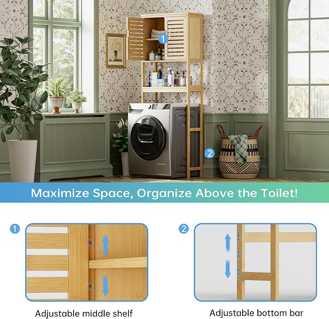 SMIBUY Bathroom Over The Toilet Storage Cabinet, 2 Door Bamboo Cabinet Organizer - Image 7