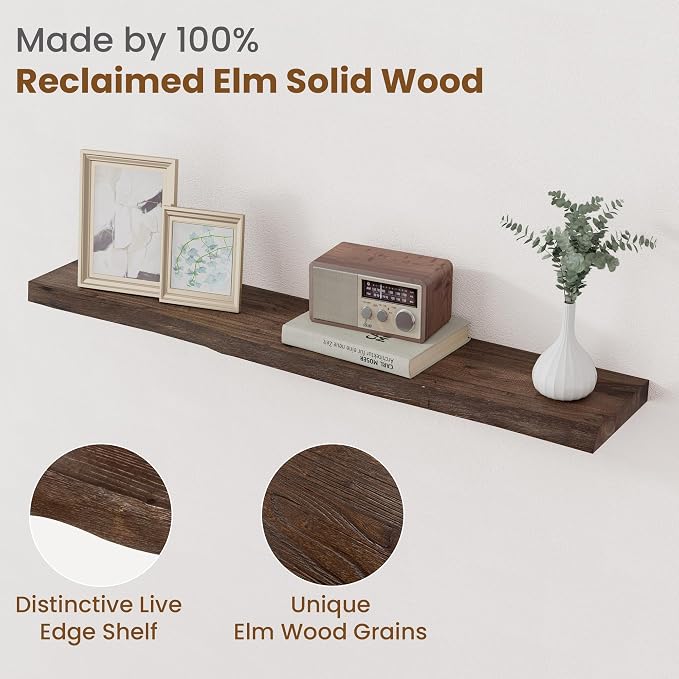 Floating Shelves for Wall Decor, Rustic Solid Elm Wood Live Edge Floating - Image 3