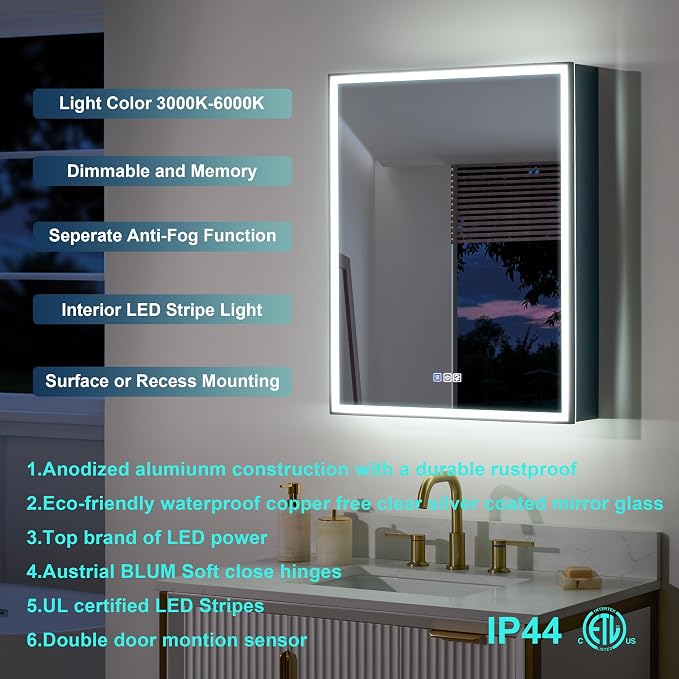 WELLFOR 24" X 30" LED Mirrored Medicine Cabinet, Medicine Cabinets - Image 6