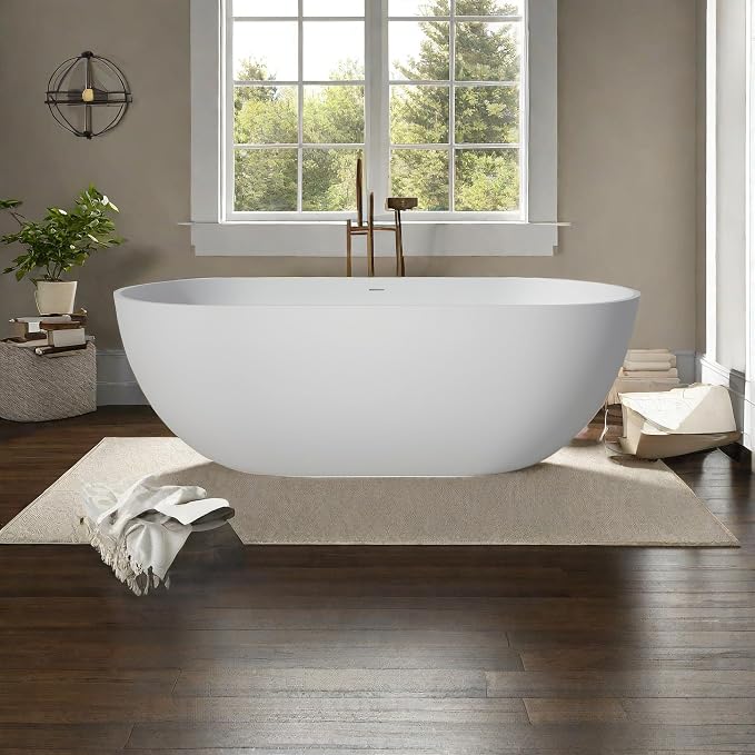 59 Inch Freestanding Bathtub Oval Shaped Solid Surface Resin Stone soaker - Image 6