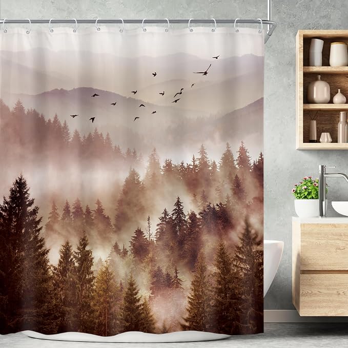 Riyidecor Foggy Mountain Shower Curtain 60Wx72H Inch Abstract Woodland Misty by Riyidecor