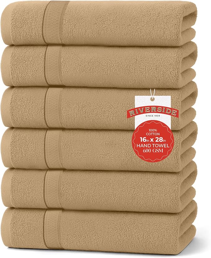 RIVERSIDE 6 Pack Premium Hand Towels Set, 16x28 inches, 100% Ring Spun Cotton by RIVERSIDE