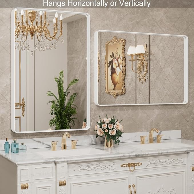 LOAAO 48x36 Inch White Metal Framed Bathroom Mirror - Image 3