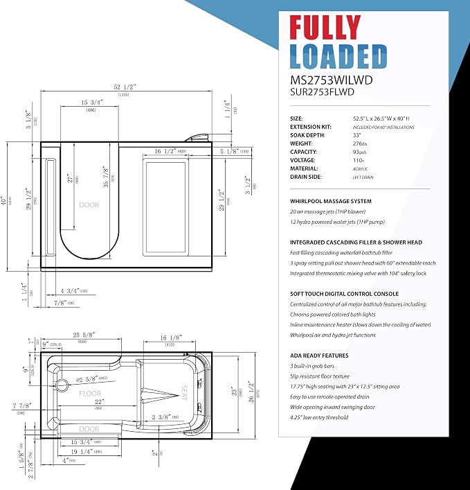 ANZZI Walk-In Whirlpool & Air Tub 27"x53" Left Drain, LED Lights, 30 Jets - Image 3