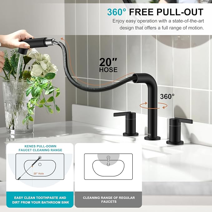 KENES Matte Black Pull Out Bathroom Faucet, 8 Inch 2 Handle Widespread Bathroom - Image 5