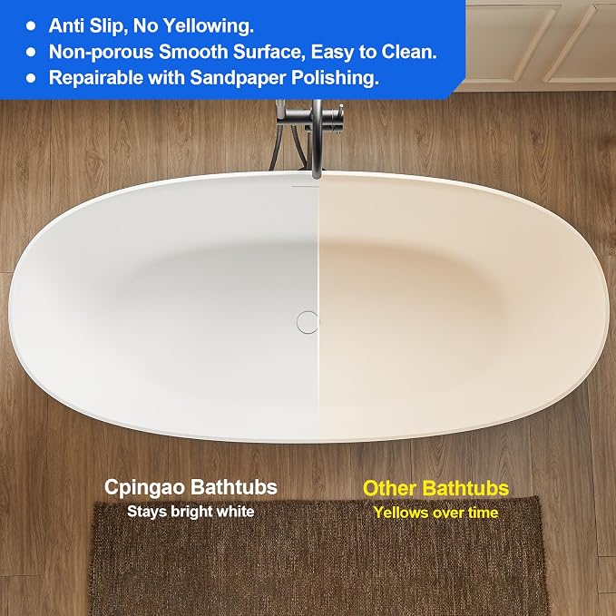 Cpingao 63" Solid Surface Freestanding Bathtub, Modern Oval Shape Soaking Tub - Image 3